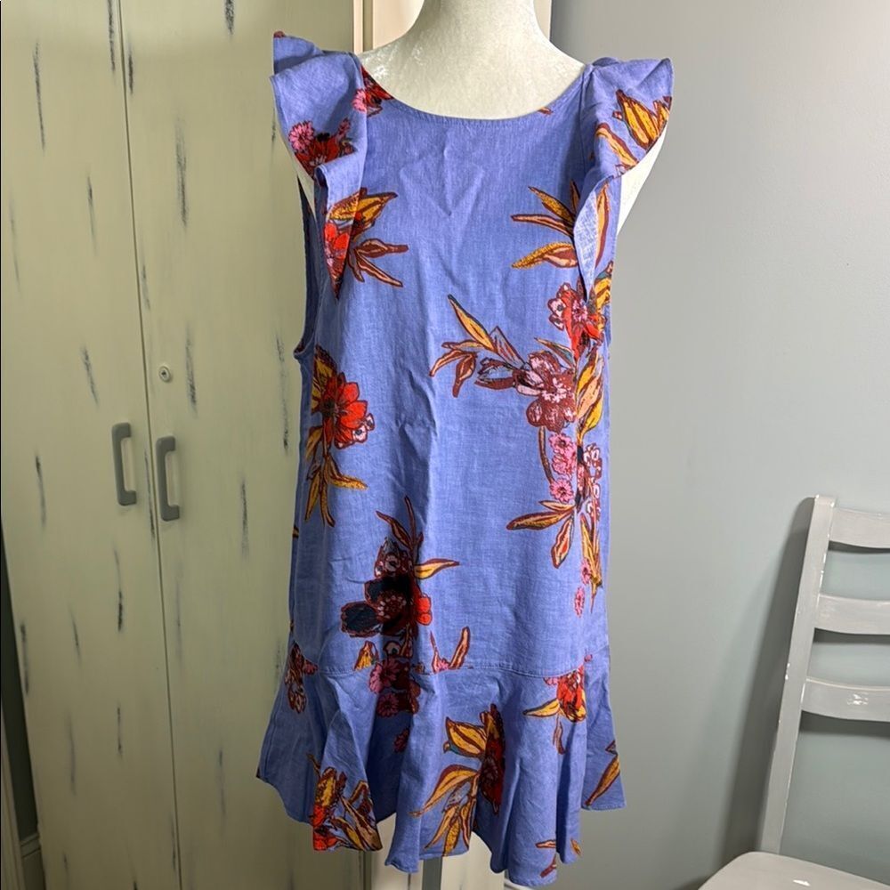 Free People Floral Mini Dress Blue Open Back A Line Boho Size M